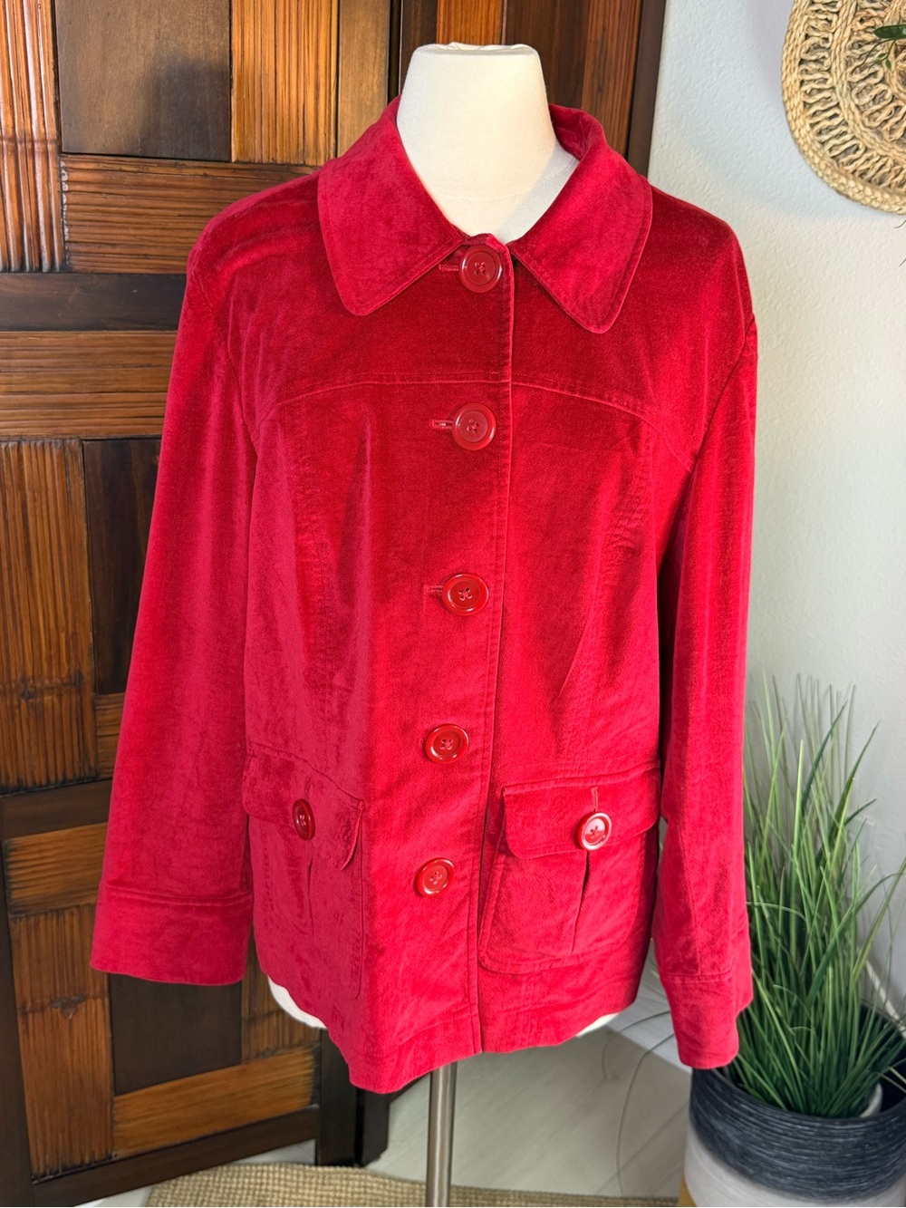 Talbots Woman Rich Red Velour Button Front Jacket Stretch Plus Size 18W Holiday - Picture 2 of 10